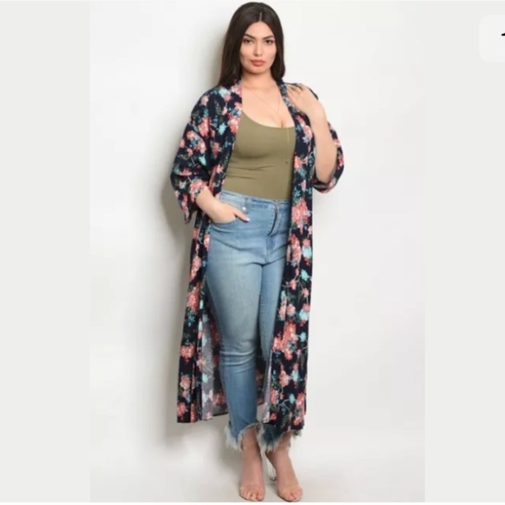 Plus Size Blue Floral Cardigan Kimono Duster NWT - Picture 2 of 7